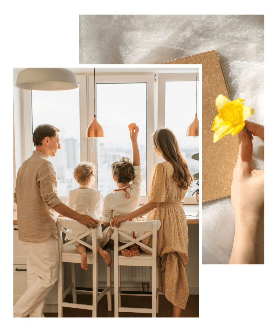 Family of four gathered by a bright kitchen window enjoying a quiet morning together, with warm sunlight filling the room and a yellow flower symbolizing simplicity and joy.