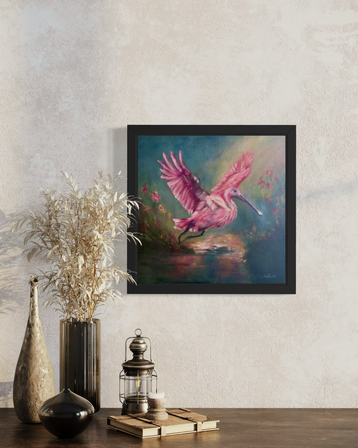 Roseate Spoonbill: Wings of Tender Radiance (framed on wall, roseate spoonbill oil painting by Jenn Royster Florida artist