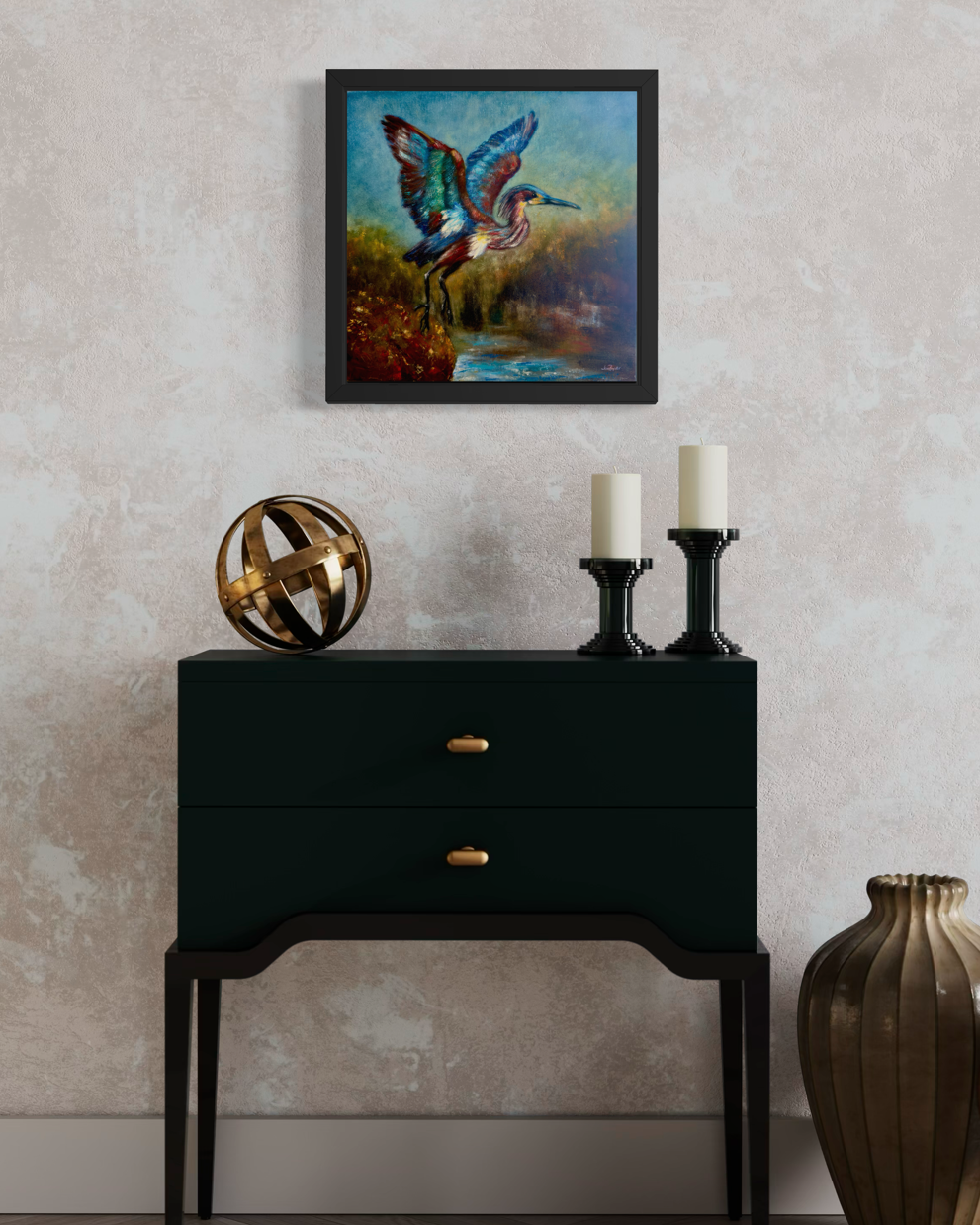 Colors Carried on a Breath of Hope front wall view, coastal bird oil painting by Jenn Royster