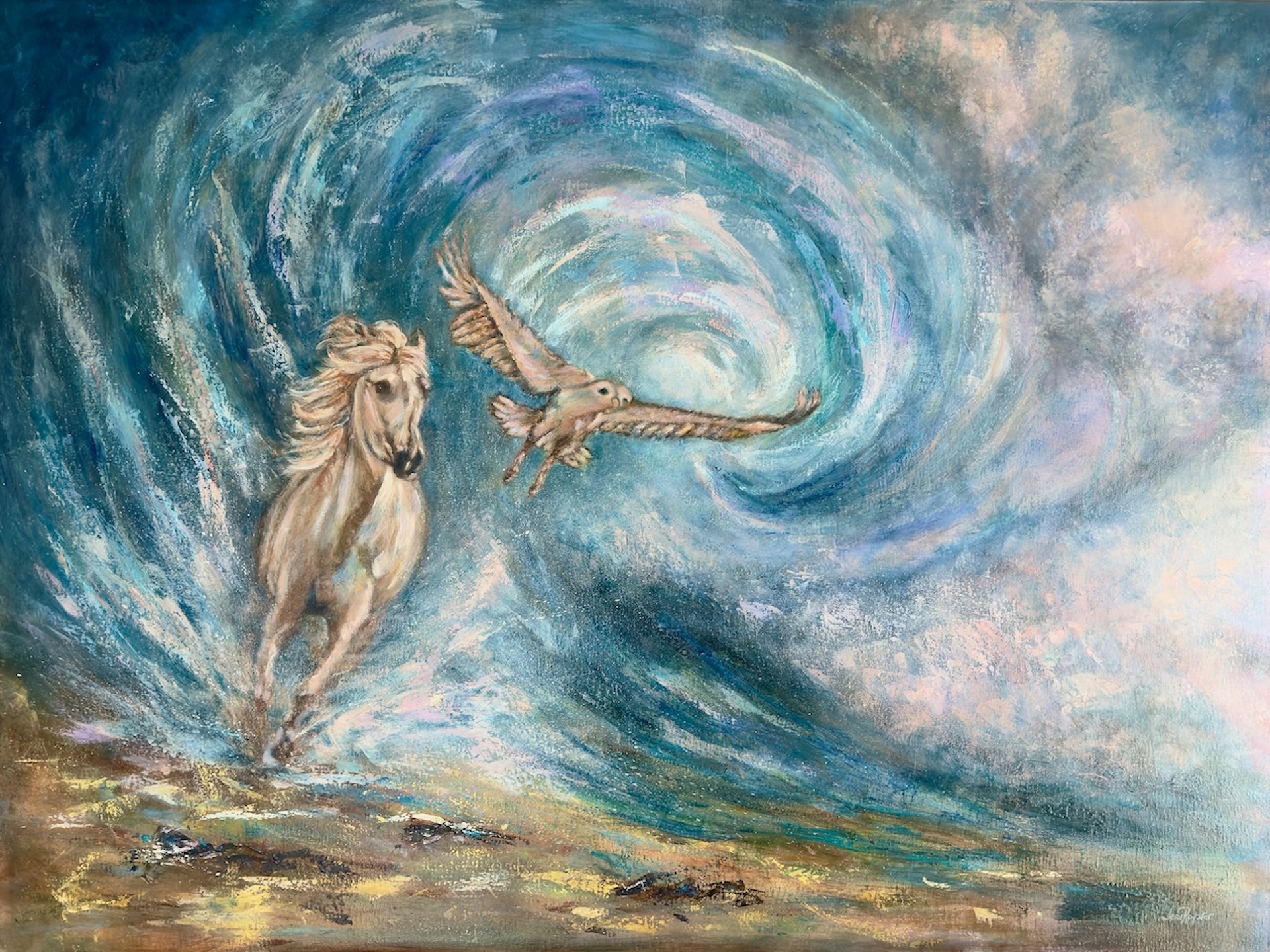 Through the Barrel: Flight and Gallop United 36x48 oil on canvas