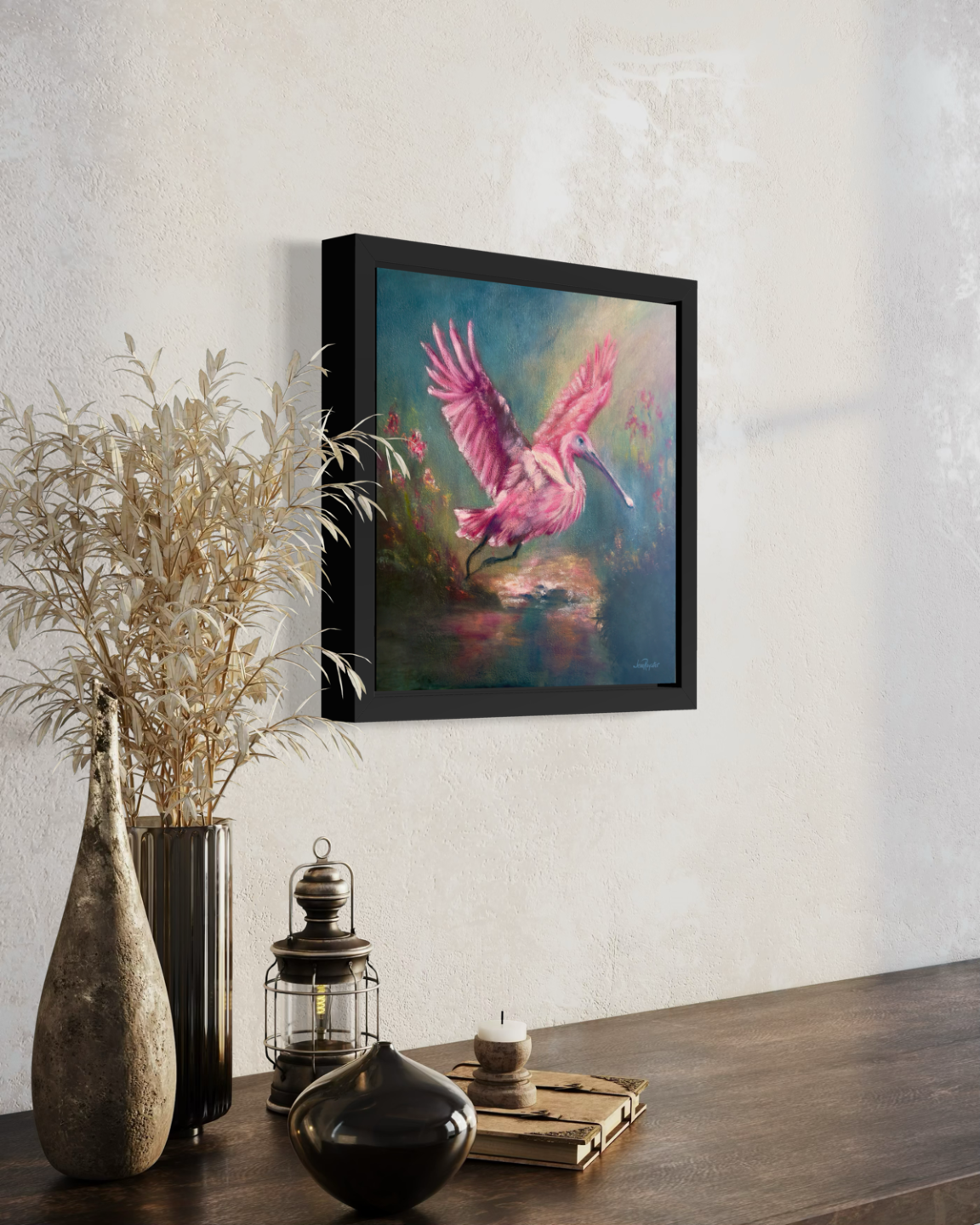 Roseate Spoonbill:Wings of Tender Radiance side wall view framed, roseate spoonbill wildlife painting by Jenn Royster