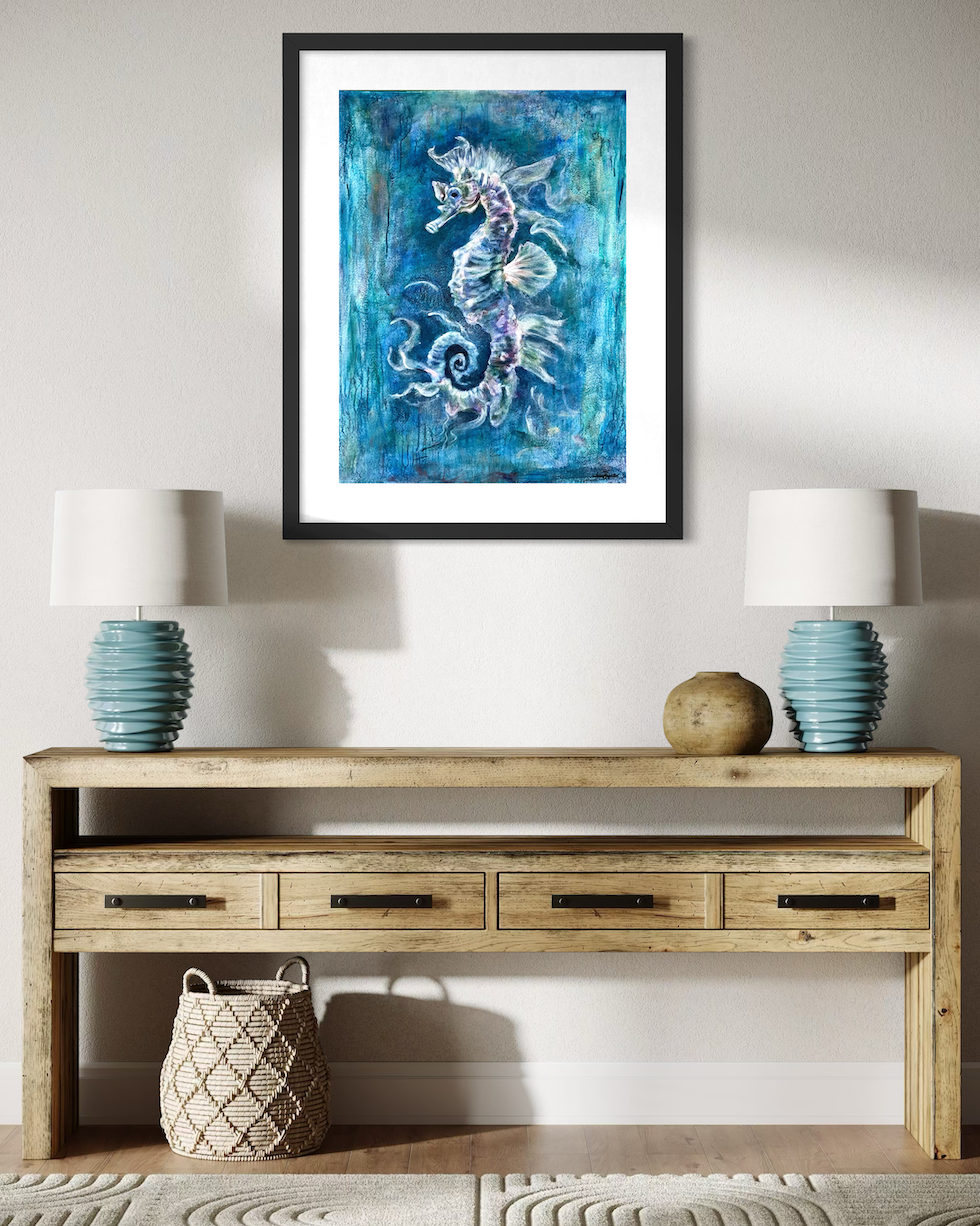 Ethereal Drift of the Seahorse by Jenn Royster (framed on wall)