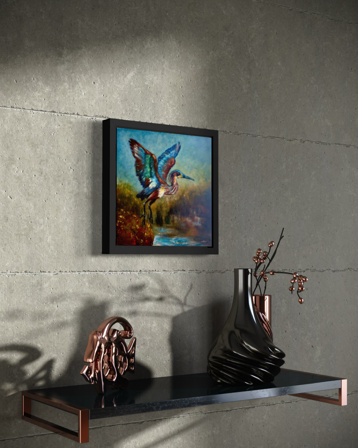 Colors Carried on a Breath of Hope side wall view framed, Costa Rican Heron wildlife painting by Jenn Royster
