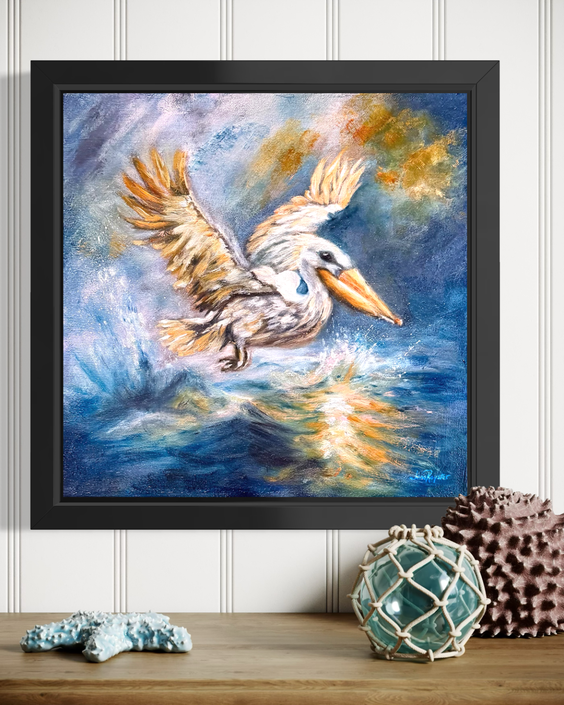 A Pelican's Trust Beneath the Roaring Blue framed on wall 1