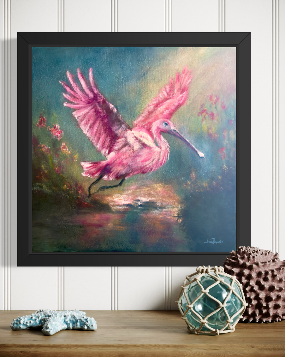 Roseate Spoonbill: Wings of Tender Radiance front wall close view, coastal bird oil painting by Jenn Royster