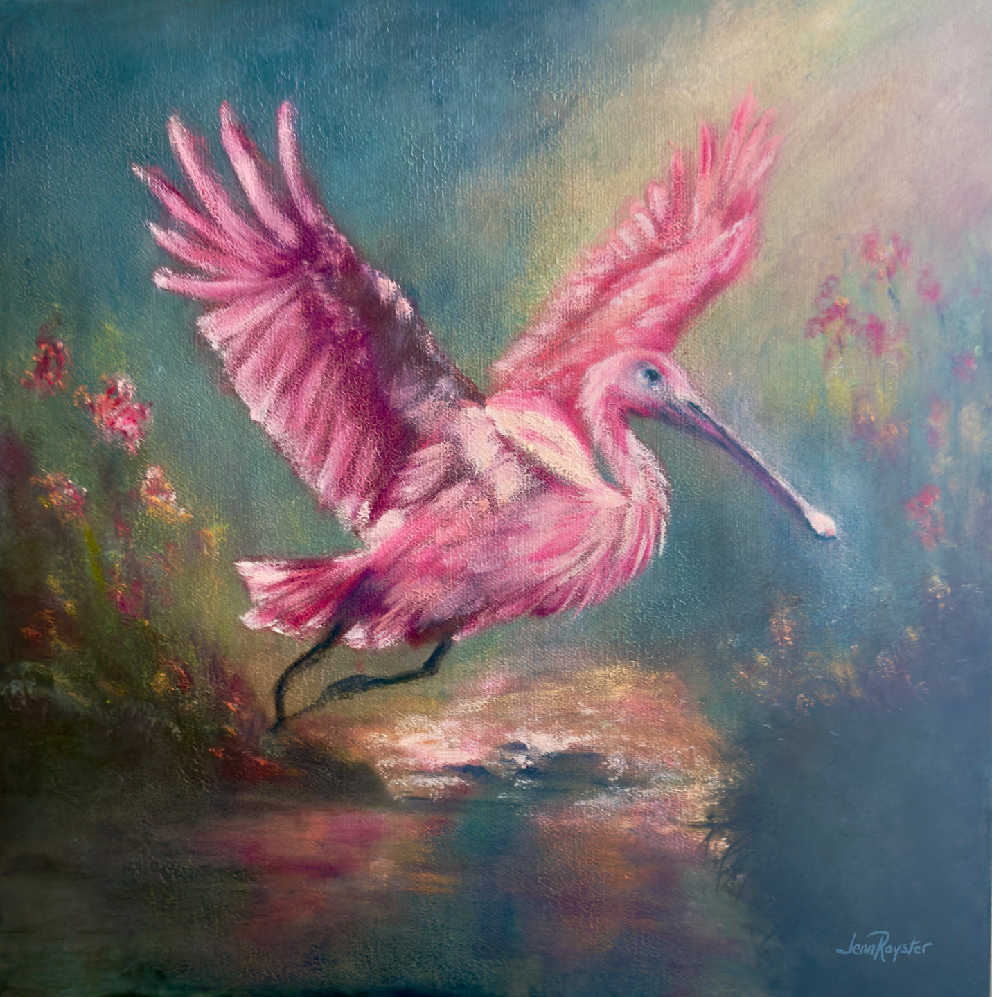 Roseate Spoonbill in flight over water, 12x12, oil on canvas, expressive impressionist coastal wildlife painting by Jenn Royster