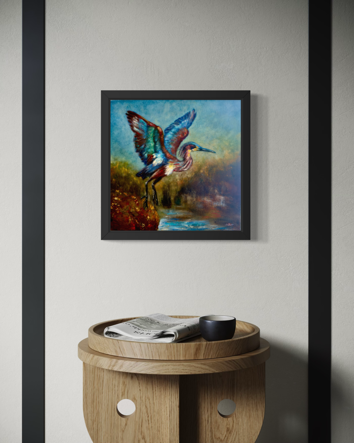 Colors Carried on a Breath of Hope framed on wall, heron oil painting by Jenn Royster Florida artist