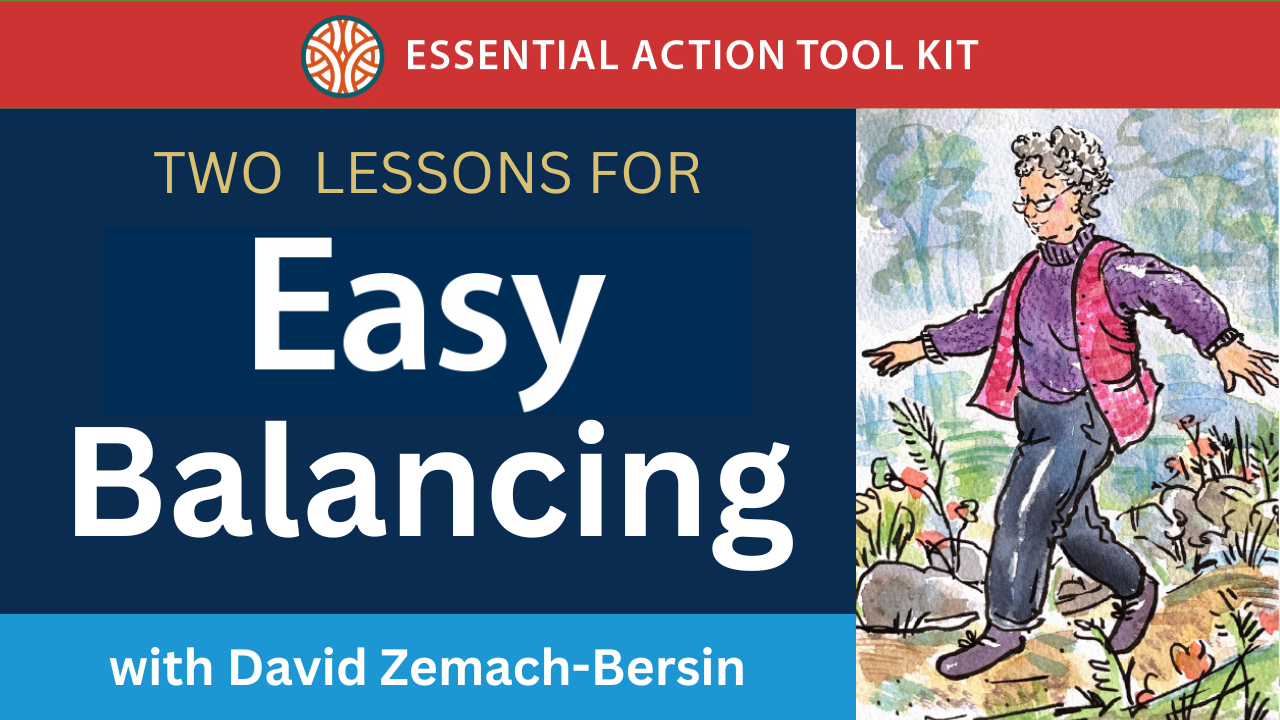 Woman walks through nature scene with plants and rocks with arms spread and looking toward the ground as an illustration of online Feldenkrais Method lessons for Easy Balance