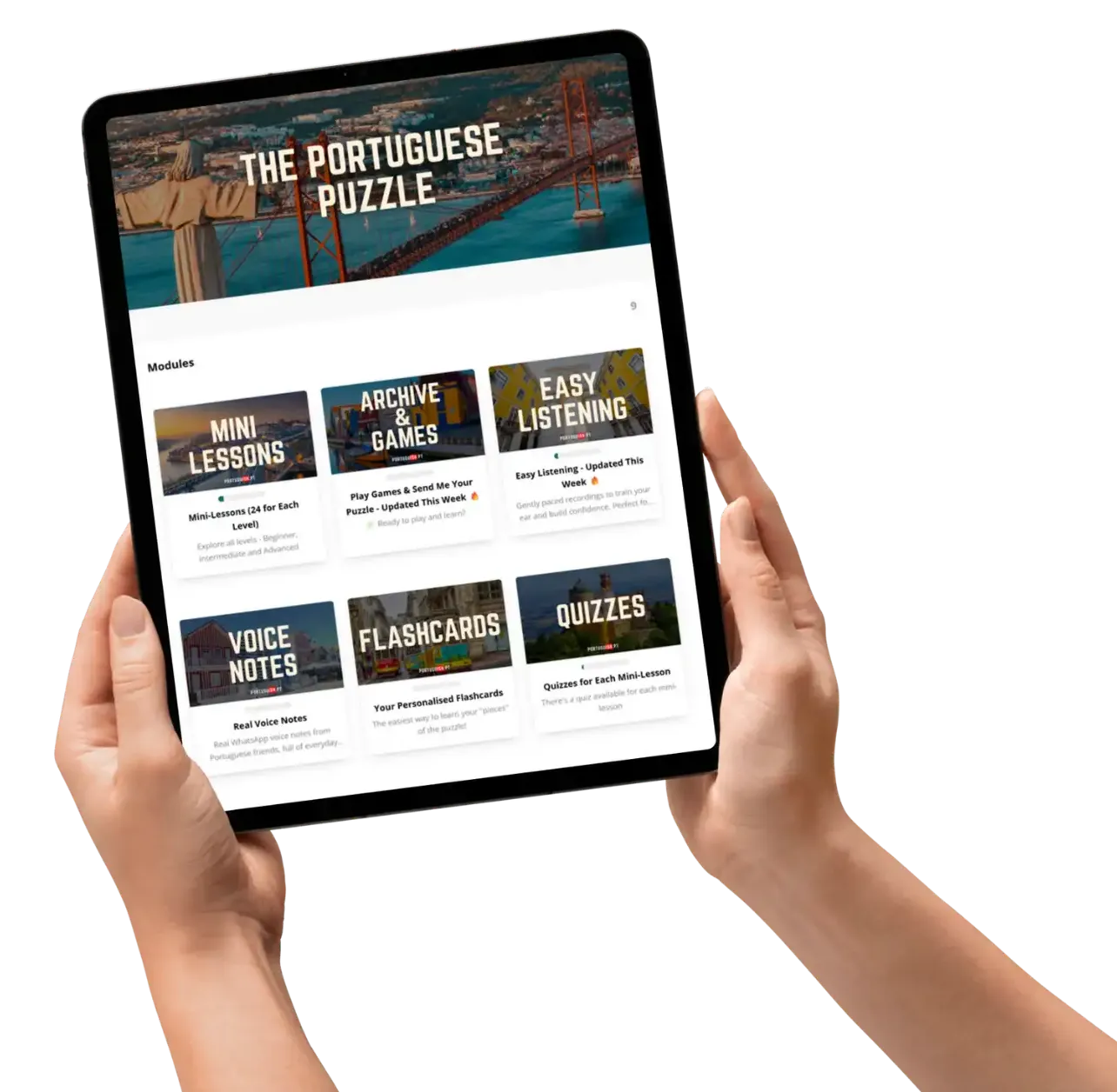 Screenshot of The Portuguese Puzzle learning platform on a tablet, showing mini lessons, listening exercises, flashcards, quizzes, and a €9.90 monthly membership.