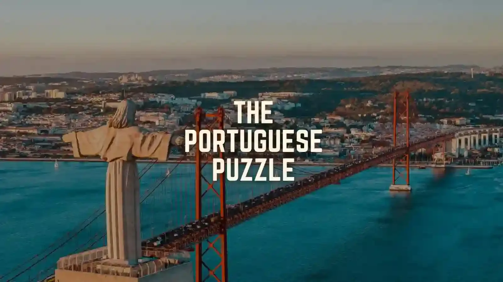 Course card for The Portuguese Puzzle with Lisbon bridge and Cristo Rei statue at sunset.