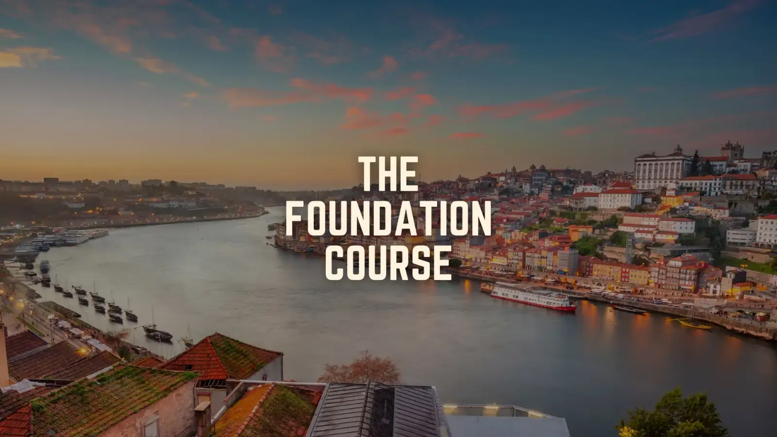 Course card for the beginner Foundation Course with a panoramic view of Porto at sunrise