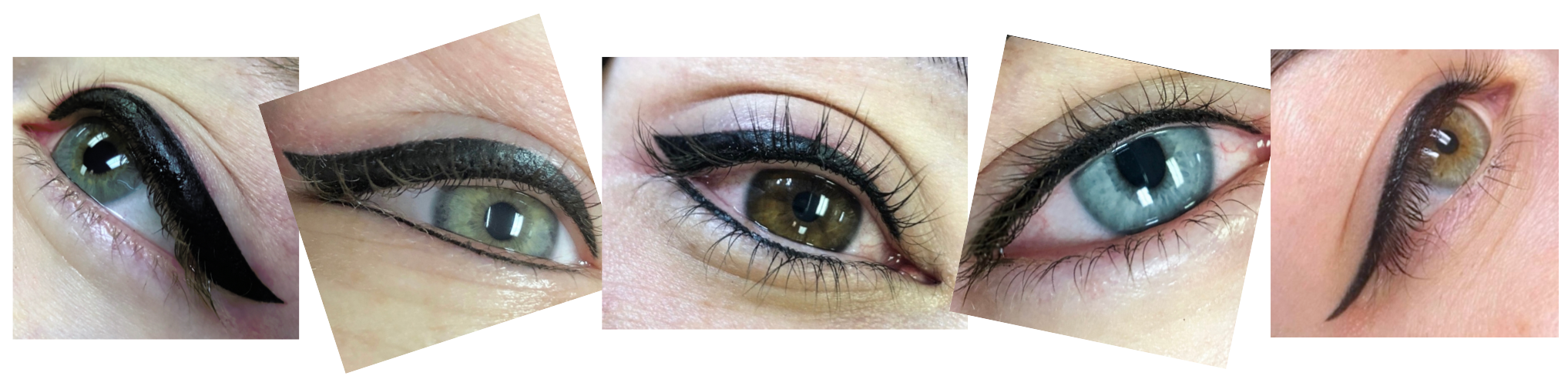 Image is of different eyeliner styles such as wing eyeliner, bottom eyeliner and lash line enhancements.