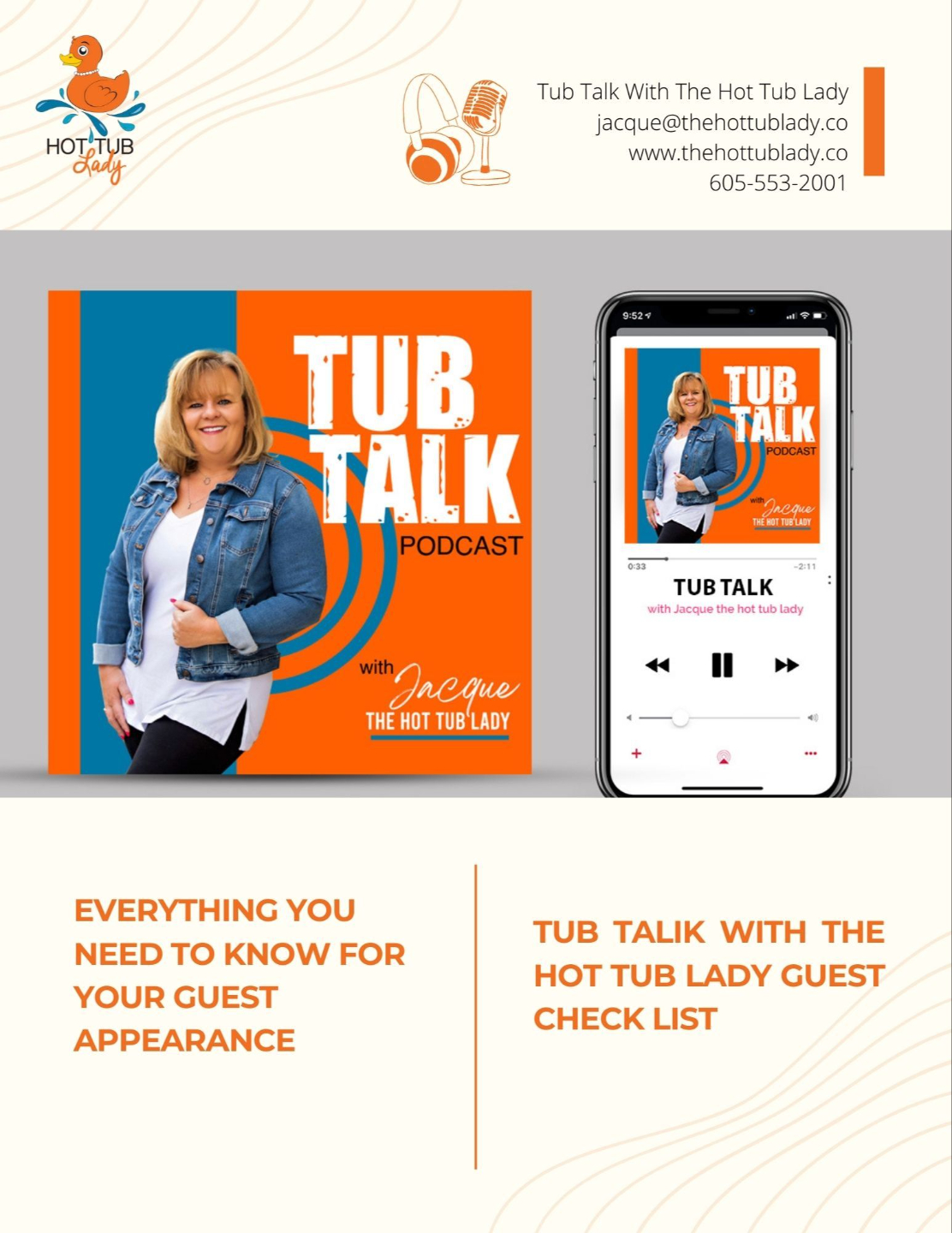 picture of the cover art of the podcast tub talk with the hot tub lady and a phone showing the same cover art playing the podcast