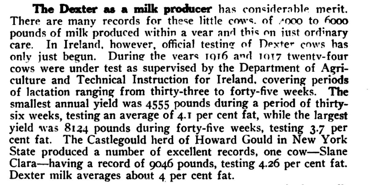 Excerpt from The American Kerry and Dexter Cattle Herd Book, Vol. 3 (1918–1919), published by the American Kerry and Dexter Cattle Club, New York. The passage titled “The Dexter as a milk producer” summarizes official Irish milk tests from 1916–1917, noting twenty-four Dexter cows under government supervision with annual yields between 4,555 and 8,124 pounds of milk, averaging about 4 percent butterfat.