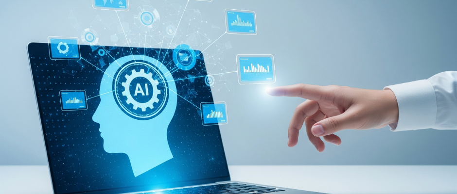 Artificial intelligence illustration on laptop, representing how public speaking is a career skill AI can't replace