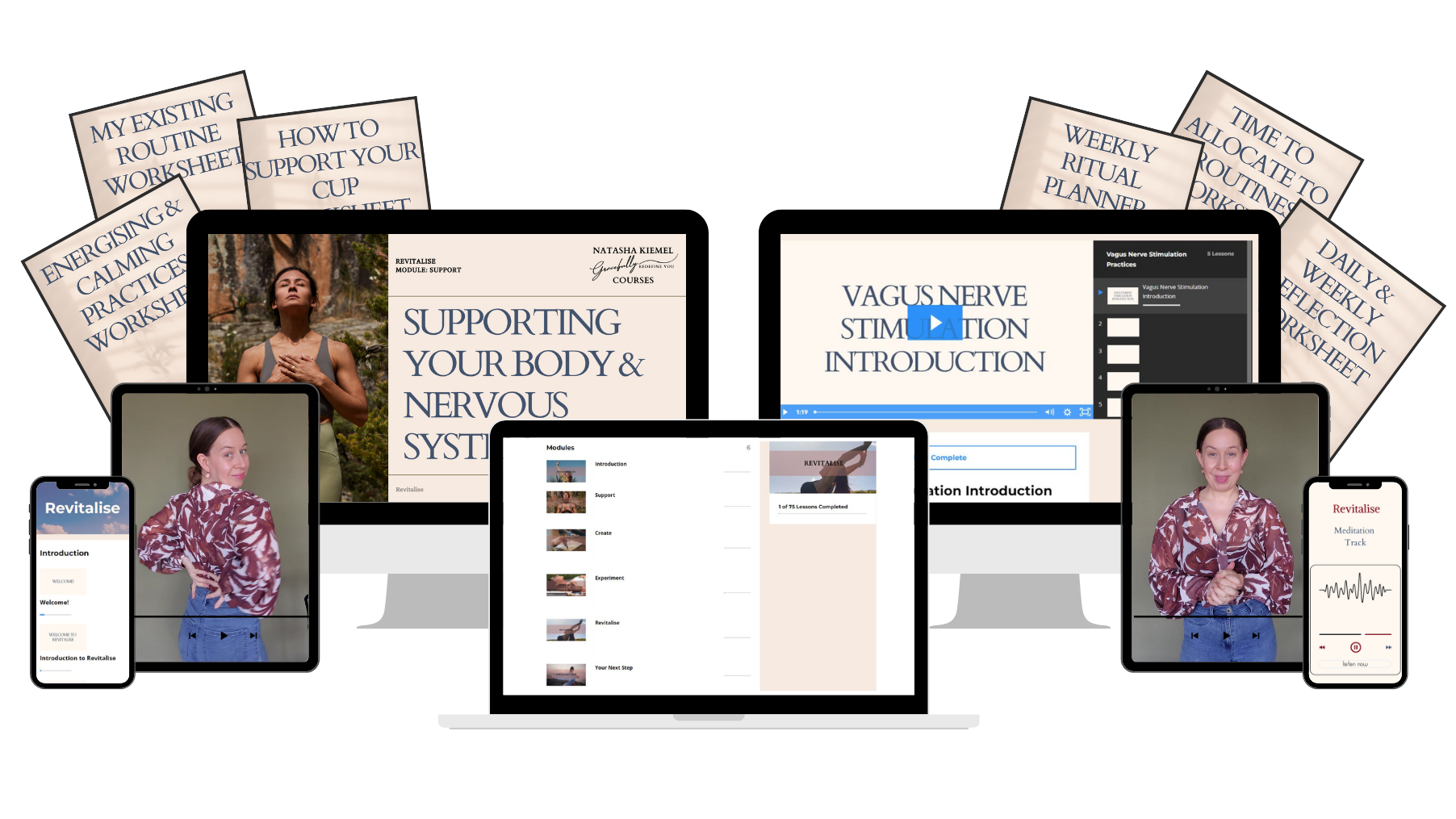 Revitalise online nervous system regulation course shown across devices including video lessons, worksheets, vagus nerve practices and meditation tracks