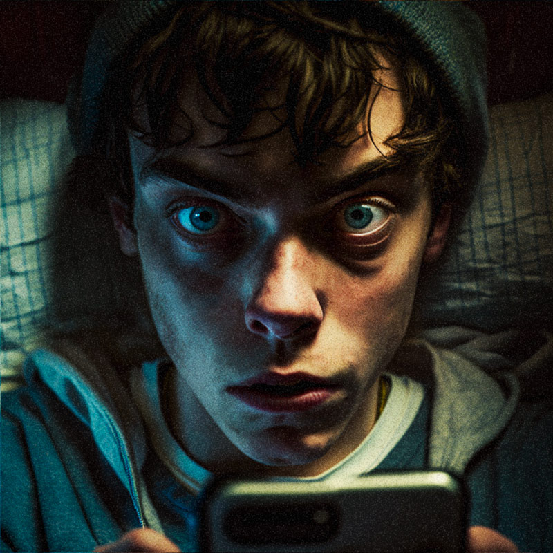 Teenage boy in bed, looking up from his phone