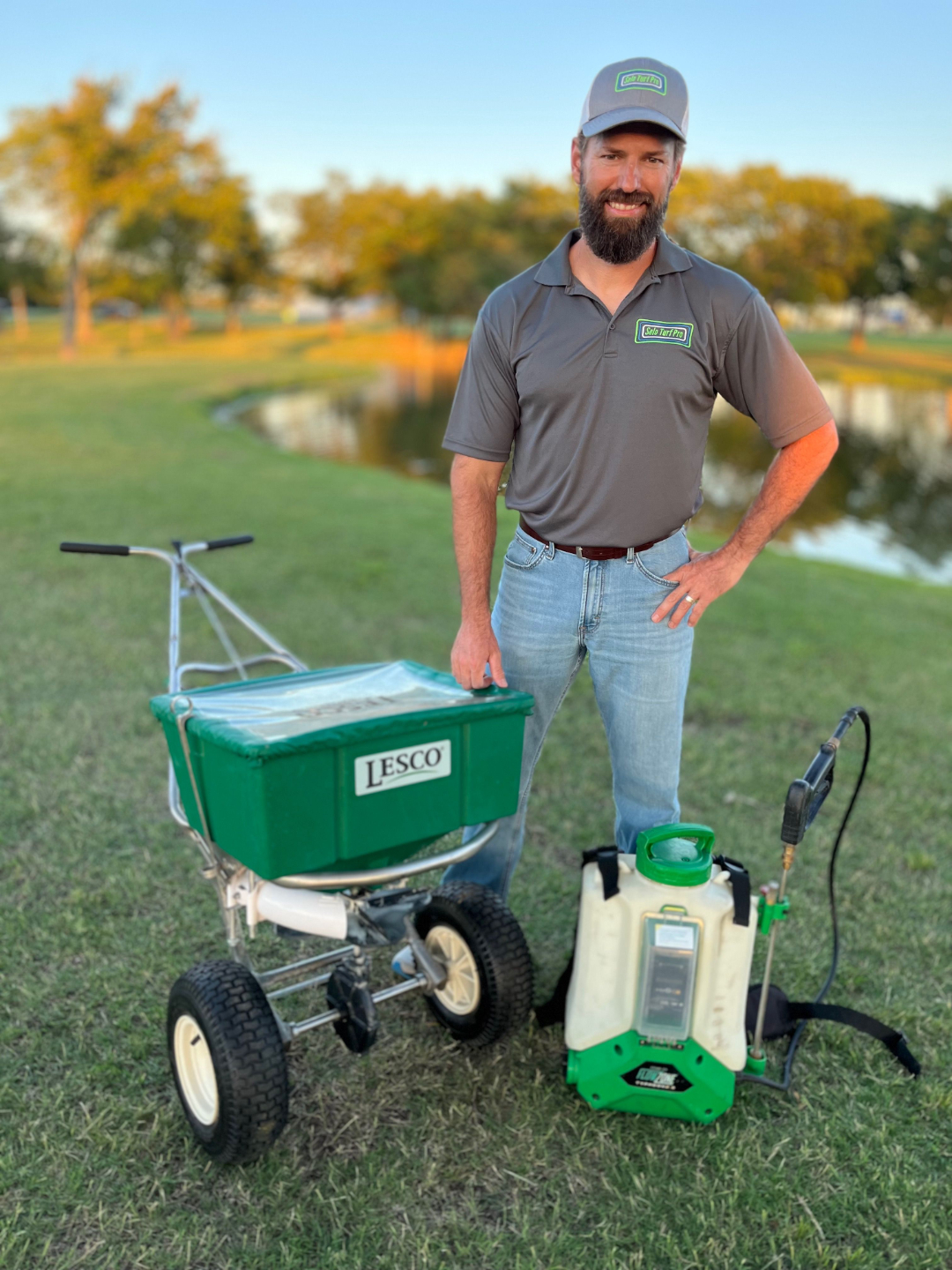 Jason Spears, founder of Solo Turf Pro, with his spreader and sprayer