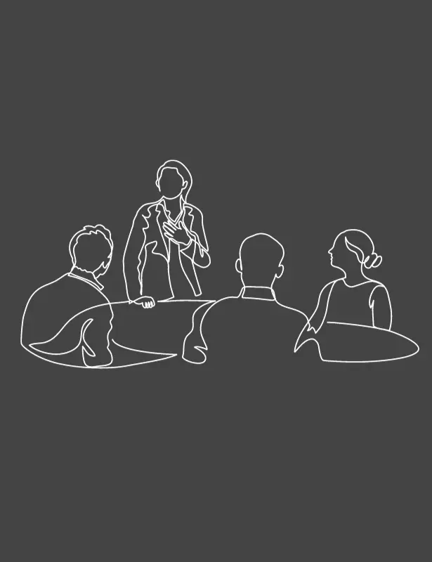 Line drawing of a team of people around a desk