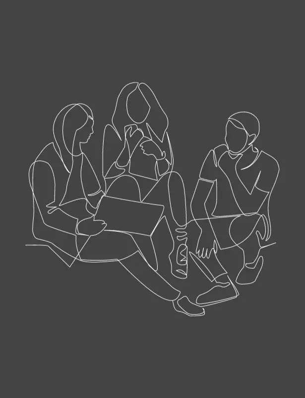 A line drawing of three people sitting toegther