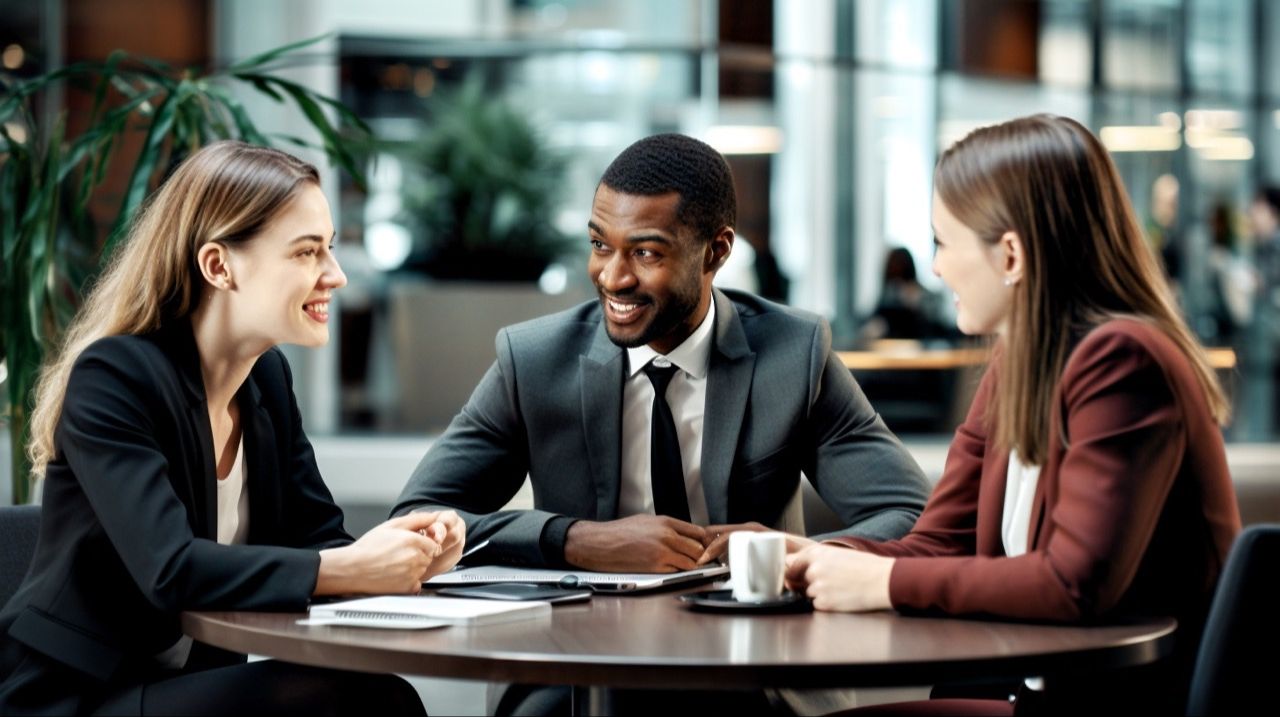 Three salespeople conducting a role-play session in person