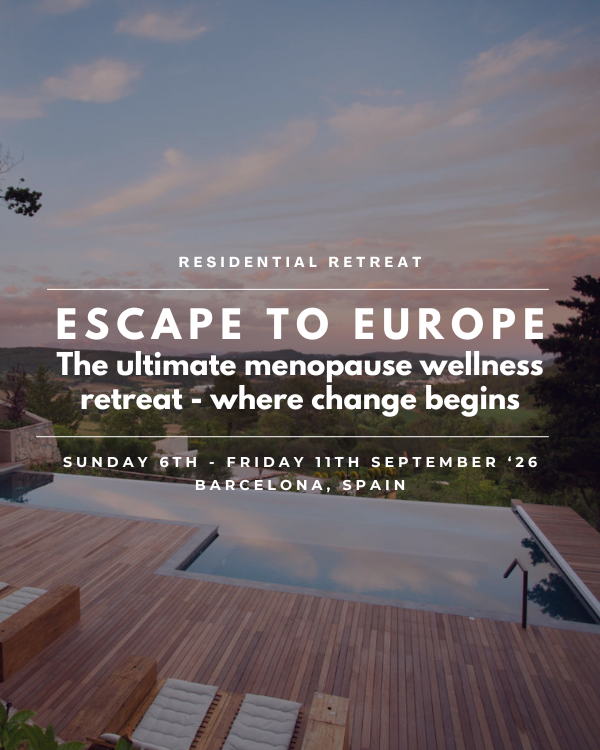 Four middle aged women outdoors all laughing wearing yoga clothes and carrying yoga mates