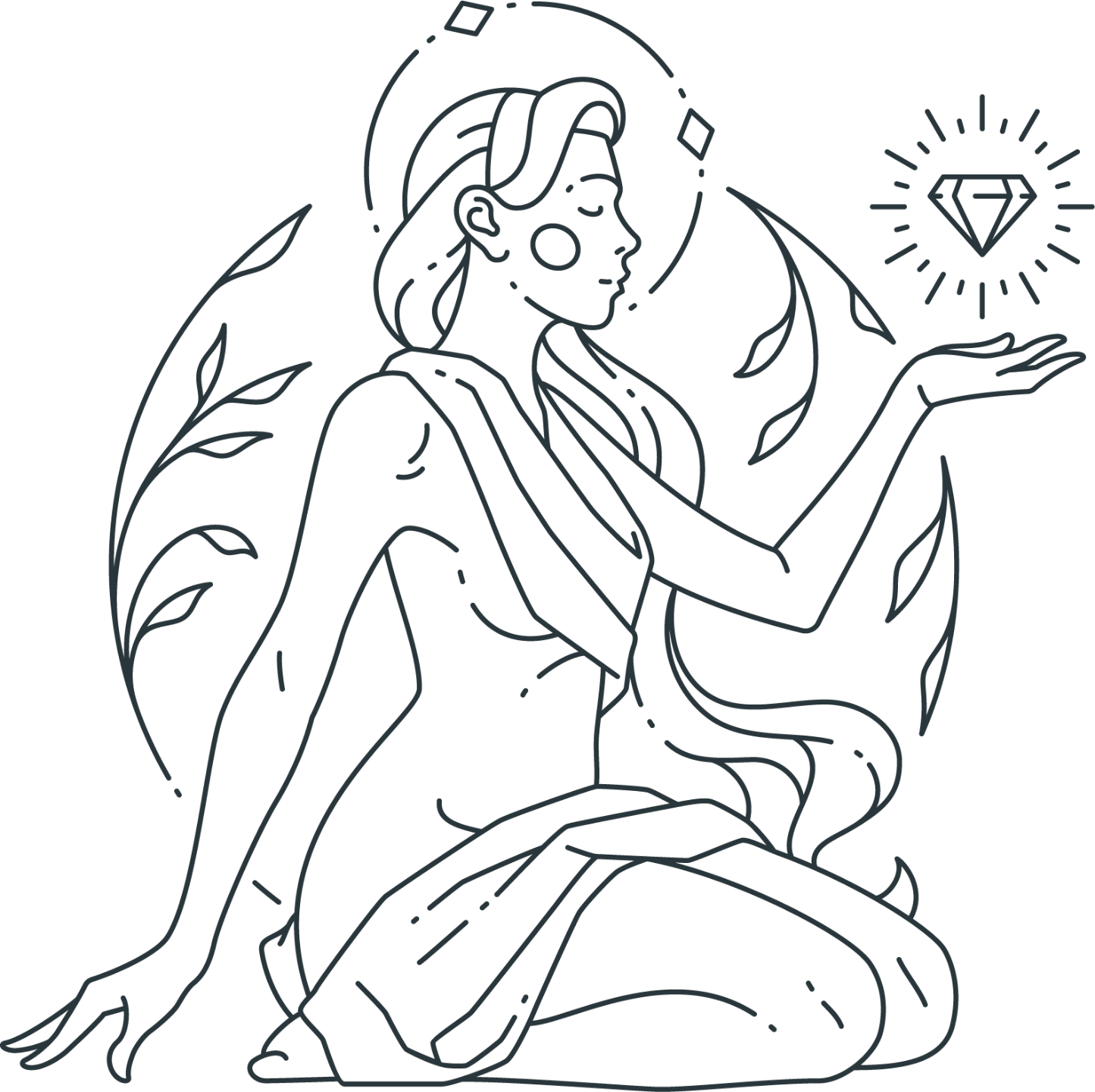 Line Drawing of a Healed Midlife Woman Holding Up a Glowing Gem of Love by Vasya Kobelev