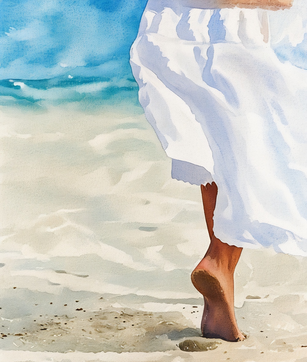 Photo of a Midlife Woman Confidently Striding Forward on a Happy Beach Day by Haute Stock
