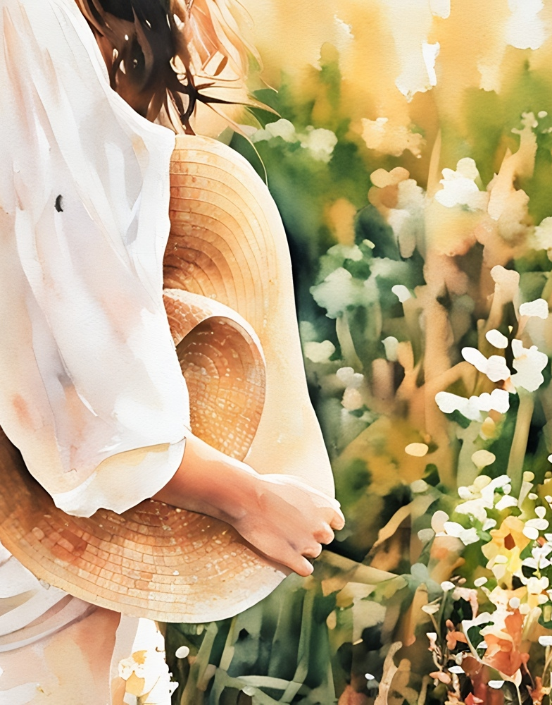 Photo of a Determind Midlife Women Walking Through a Blooming Meadow Carrying a Straw Sunhat Under Her Arm Bathed in Afternoon Summer Sunlight by Haute Stock