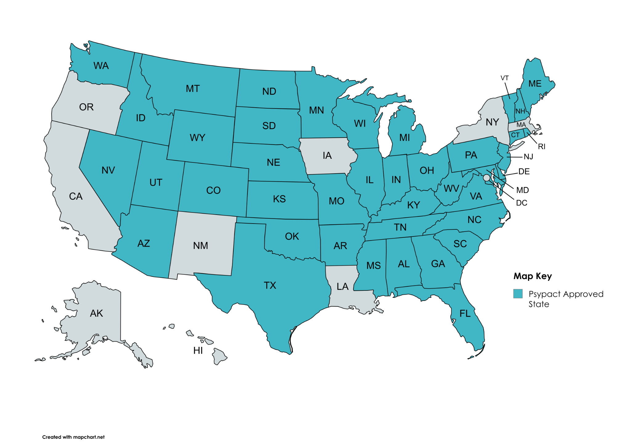 United States map that shows the states that Dr. Mark Bowers can offer Telepsychology in accordance with PSYPACT