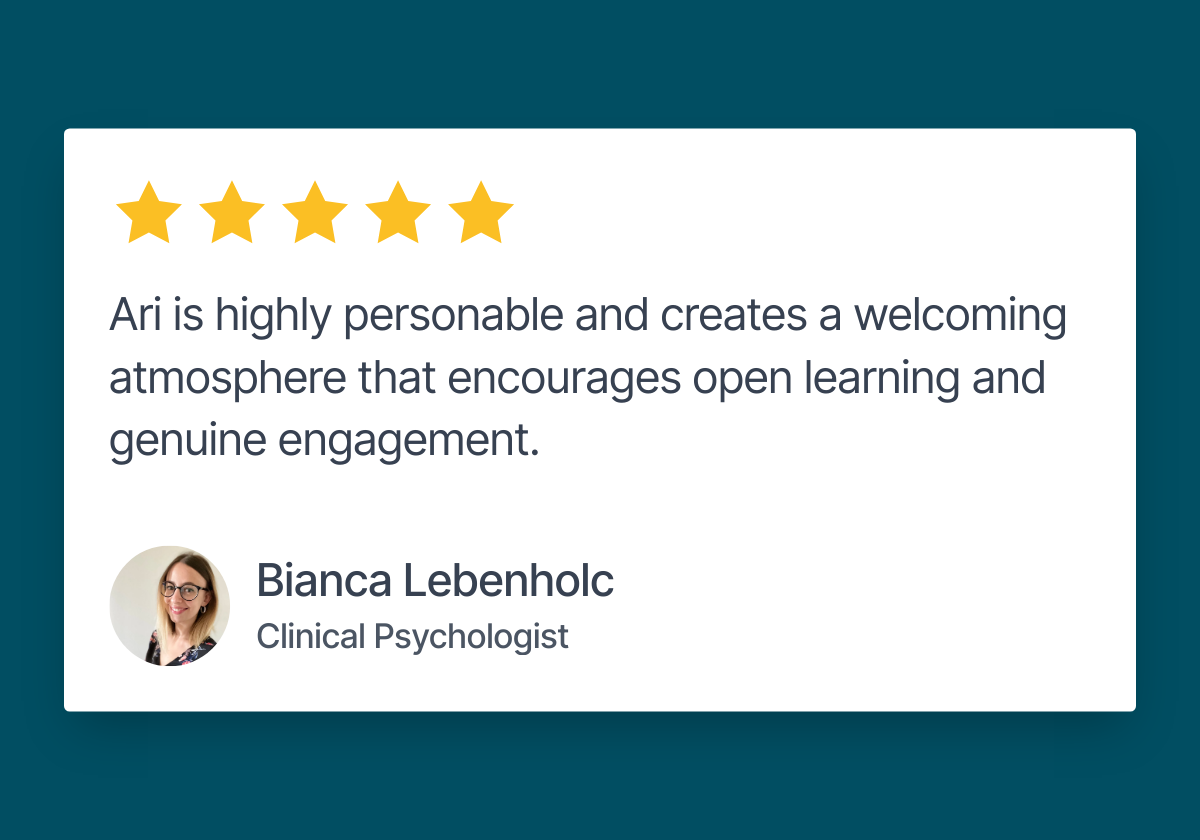 testimonial: "Ari is highly personable and creates a welcoming atmosphere that encourages open learning and genuine engagement."