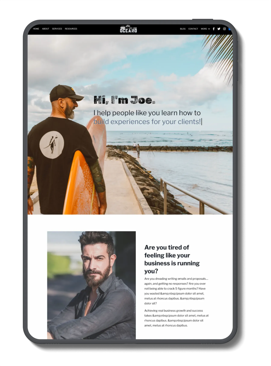 Joe Oceano Kajabi website theme mockup showing tablet view