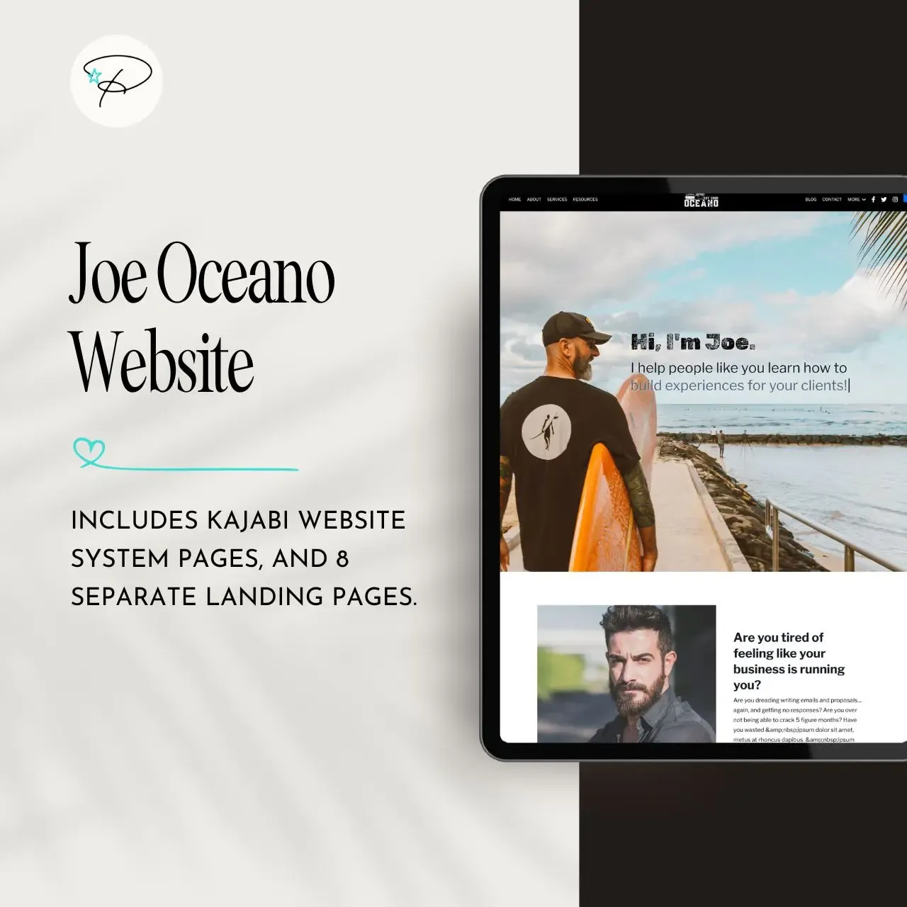 Joe Oceano Kajabi website theme mockup showing tablet view