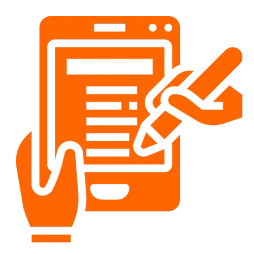 An icon showing a hand holding a pencil to a smartphone screen, representing the action of completing a registration or filling out a form electronically.