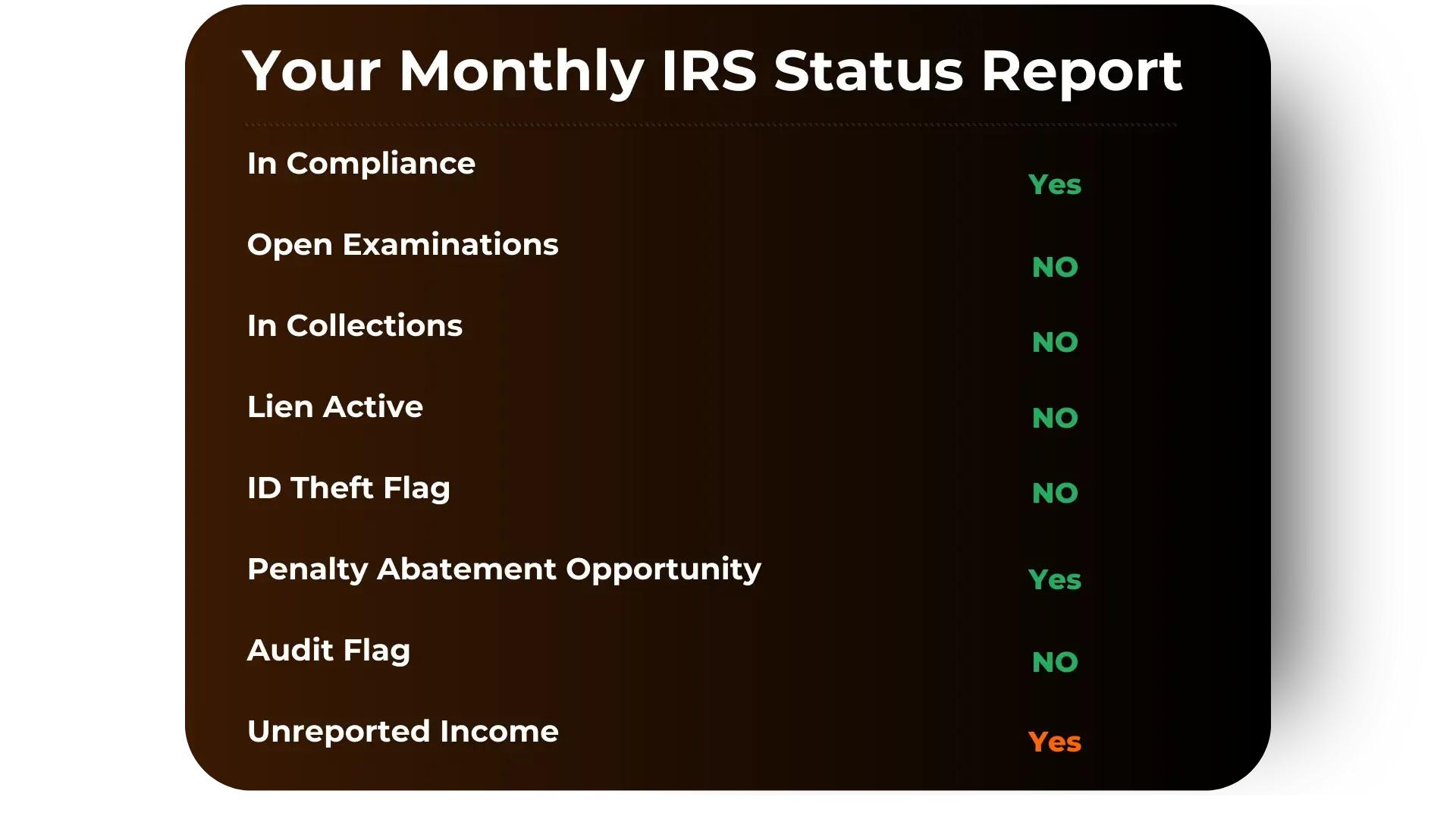 An image displaying a "Monthly IRS Status Report" with a list of compliance items such as "In Compliance," "Open Examinations," and "Unreported Income" with indications of 'Yes' or 'No' next to each item, showing the current status of a CryptoTaxAudit member's tax file.
