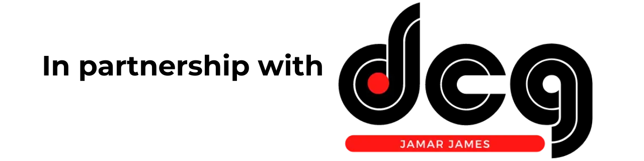 The image displays a collaborative emblem featuring the stylized initials 'dcg' in black, accented with a red musical note motif, alongside the phrase "In partnership with" in a more diminutive typeface, culminating with the prominently underlined name 'Jamar James' in red.