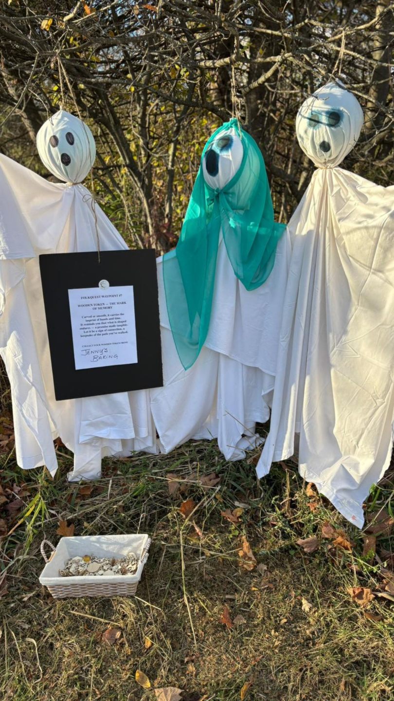 Three friendly ghosts greeting shoppers at the Samhain artisan market