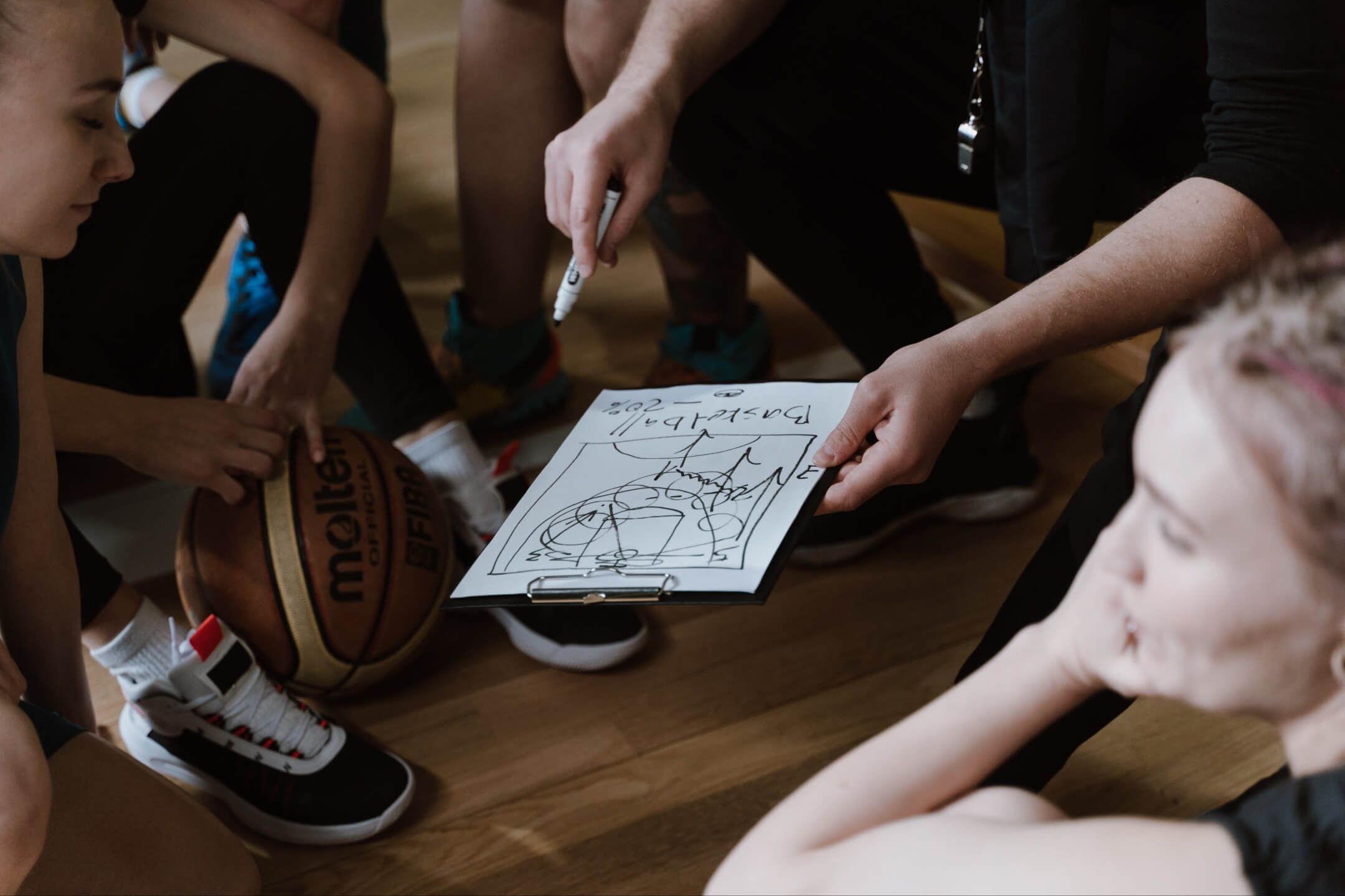 basketball coach explaining a play using a whiteboard