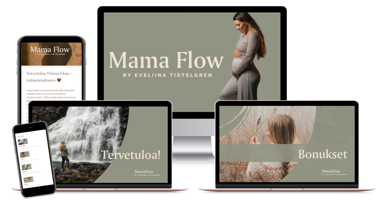 äitiys ja raskausajan verkkovalmennuksen sisältöä tietokoneruuduilla