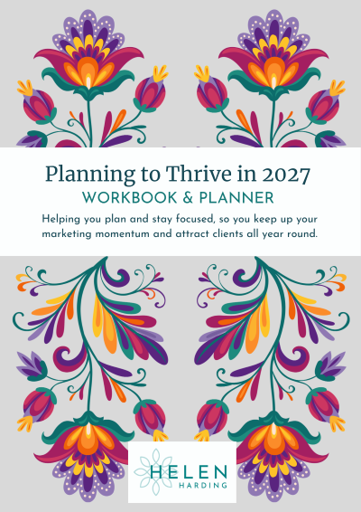 planner cover with a folk art flower design with a white band with the heading 'Planning to Thrive in 2026'