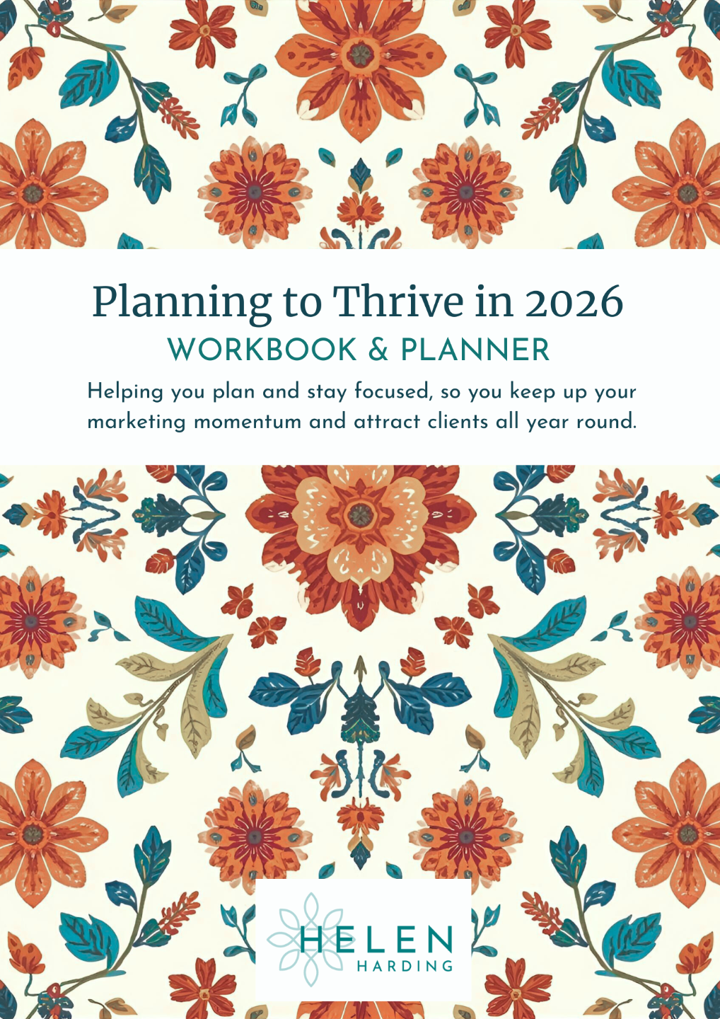planner cover with a folk art flower design with a white band with the heading 'Planning to Thrive in 2026'