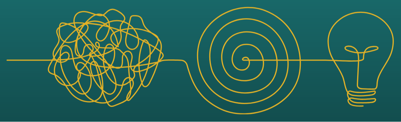yellow graphic on a teal background scribble to spiral to lightbulb