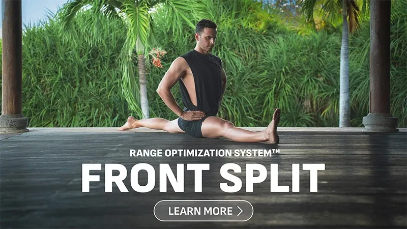 Athlete performing a full front split using ROS™ flexibility techniques.