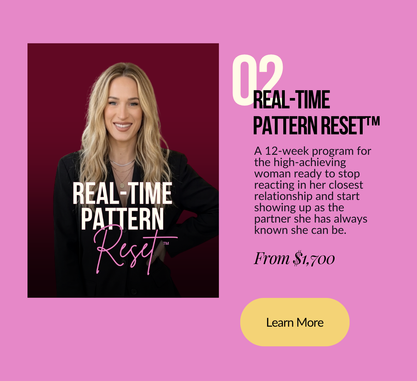 Real-Time Pattern Reset, signature program for high achieving women who get reactive and pull away in their relationship, from $1,400