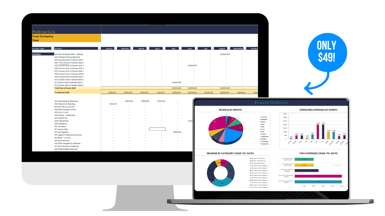 Profit and Loss Dashboard for Small Business Owners – View Monthly and Year-to-Date Financials in Excel or Google Sheets Template