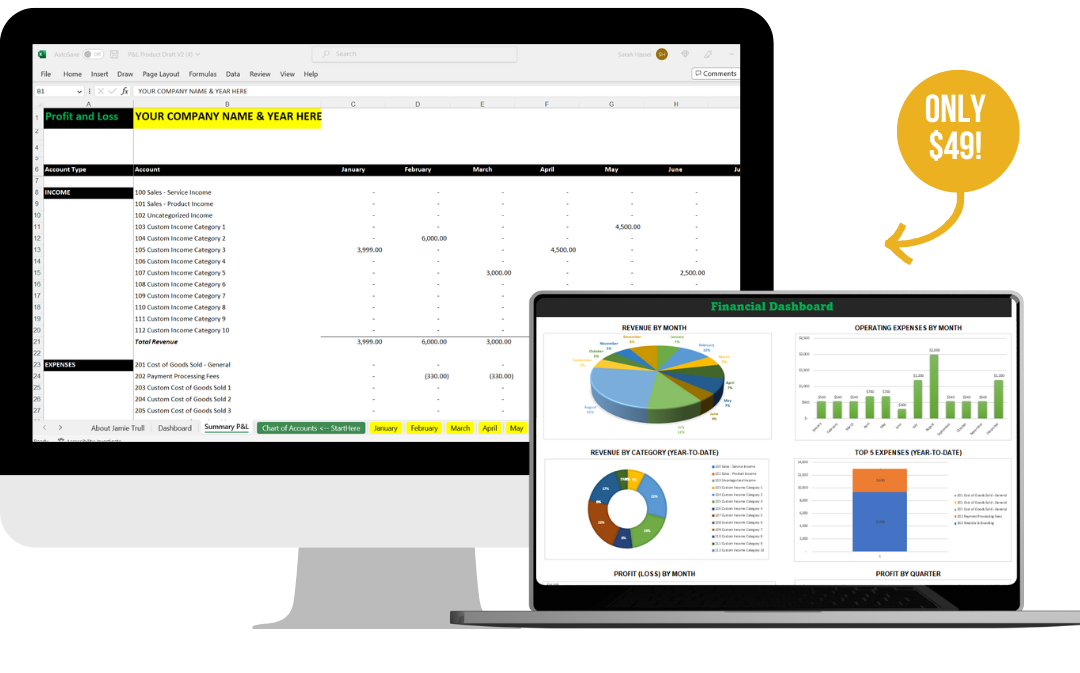 Profit and Loss Dashboard for Small Business Owners – View Monthly and Year-to-Date Financials in Excel or Google Sheets Template