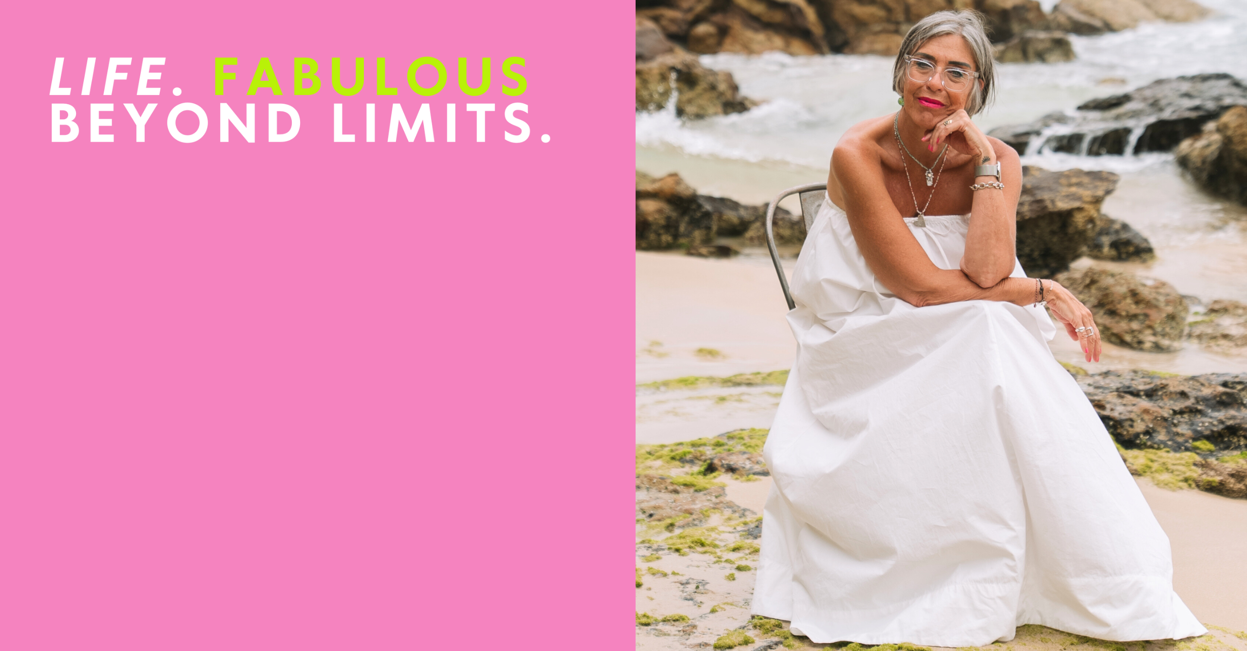 Catherine Bowyer in white drewss, embodying empowerment and positivity.