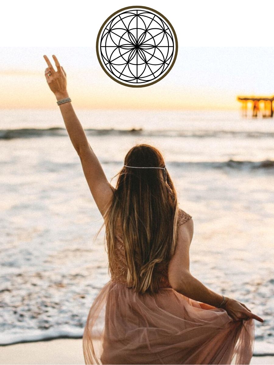 woman with left hand in air in peace sign celebrating ascension intuition and spiritual journey