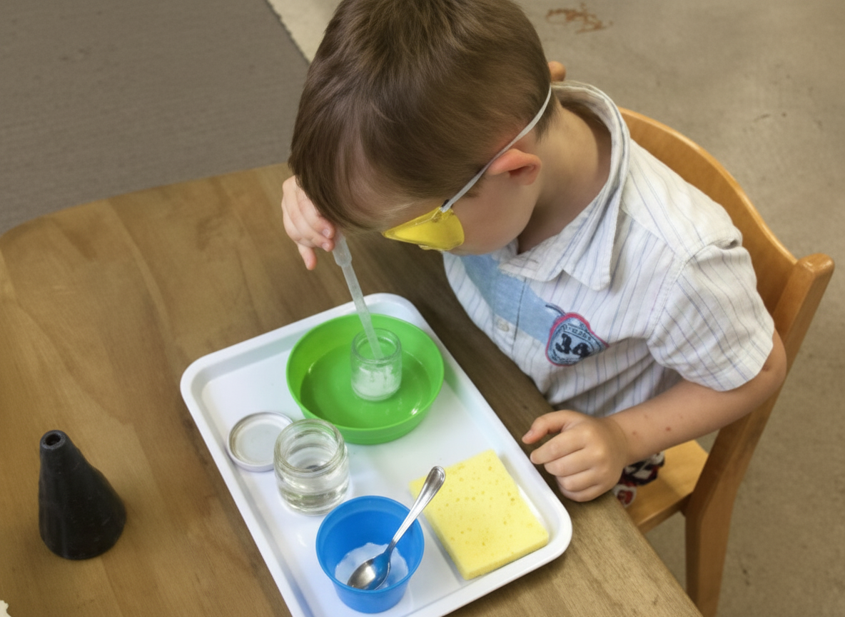 Child doing Montessori practical life science activity