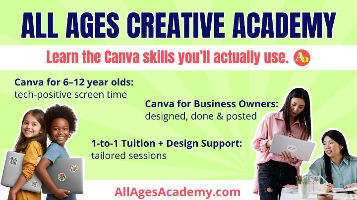 graphic for All Ages Creative Academy - learn the canva skills you'll actually use - canva for kids, canva for business, 1-1 tuition and design support
